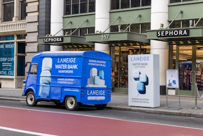 Bright blue vintage Citroën vans popped up at Sephora in New York City's SoHo and The Grove in LA on Feb. 10 and 11, respectively, complete with a custom product display wall.