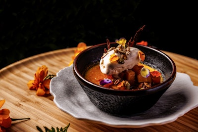 Lona by Chef Richard Sandoval, a modern Mexican eatery in Tampa, is serving the Caramelized Pumpkin Crema this season. The eye-catching dish is made with pumpkin custard, caramelized pepitas, edible marigolds, and cinnamon ice cream.