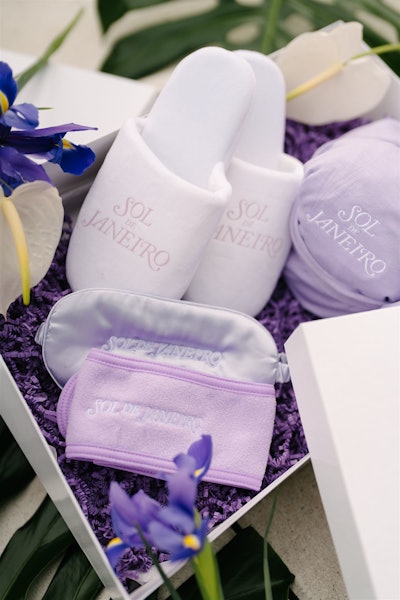 Influencers received a gift box with branded slippers, a robe, an eye mask, and a headband.