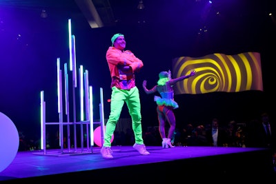 'We turned our Jazz Lounge into an 'electric forest' to pay homage to the Electric Daisy Carnival music festival,' added Chapman. 'I thought the neon theme and light-up trees were impactful and beautiful. I was also thrilled with our stage design, and incorporating more laser lighting effects than we have used in the past.'