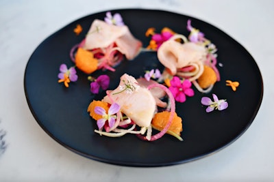 20|Twenty at Sheraton Carlsbad Resort & Spa in Carlsbad, Calif., has served a hamachi crudo with cilantro-satsuma vinaigrette, radish, green onion, and red pepper with cilantro, citrus, and radish flowers. See more: Floral Notes: 9 Dishes That Showcase Edible Flowers
