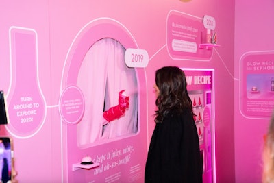 Within the timeline booth, MKG designed a year-by-year, 3D display of all Glow Recipe milestones and products. The space also showcased educational content from the lab, had product trial opportunities, and inspired guest participation with several surprise-and-delight moments. In one section, guests rang a bell, and a pink-gloved hand misted them with the brand's popular Watermelon Mist—a moment producers told us 'sparked genuine laughter and delight—a true moment of surprise and connection.' See more: This Skincare Brand Took Guests on a Multisensory Journey Through Its 10-Year History